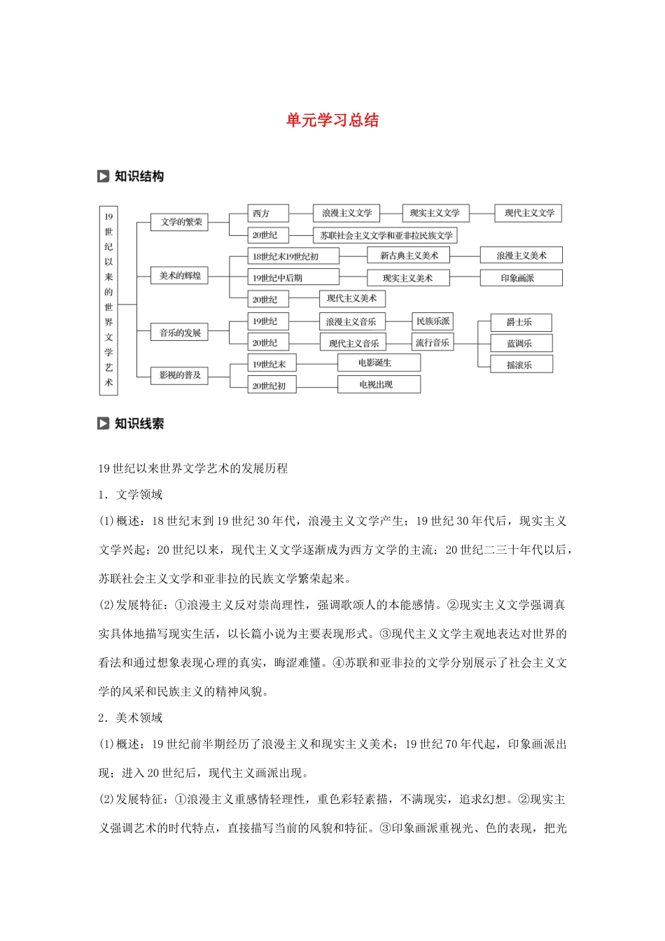 高中历史 第8单元 19世纪以来的世界文学艺术单元学习总结学案（含解析）北师大版必修3-北师大版高二必修3历史学案_第1页