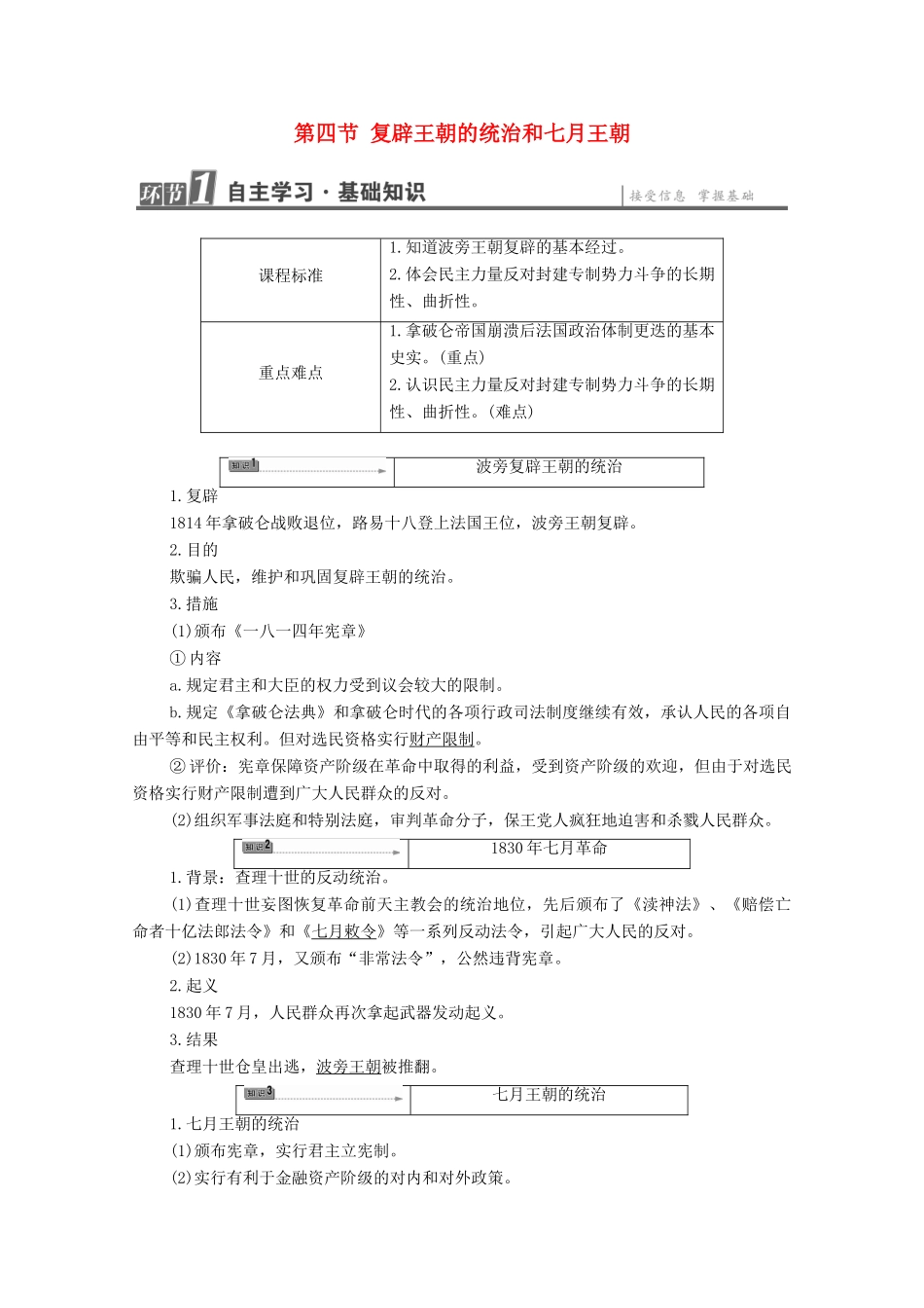 高中历史 第5章 法国民主力量与专制势力的斗争 第4节 复辟王朝的统治和七月王朝学案 北师大版选修2-北师大版高中选修2历史学案_第1页