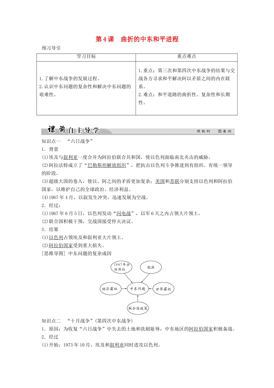 高中历史 第五单元 烽火连绵的局部战争 5-4 曲折的中东和平进程学案 新人教版选修3-新人教版高二选修3历史学案_第1页