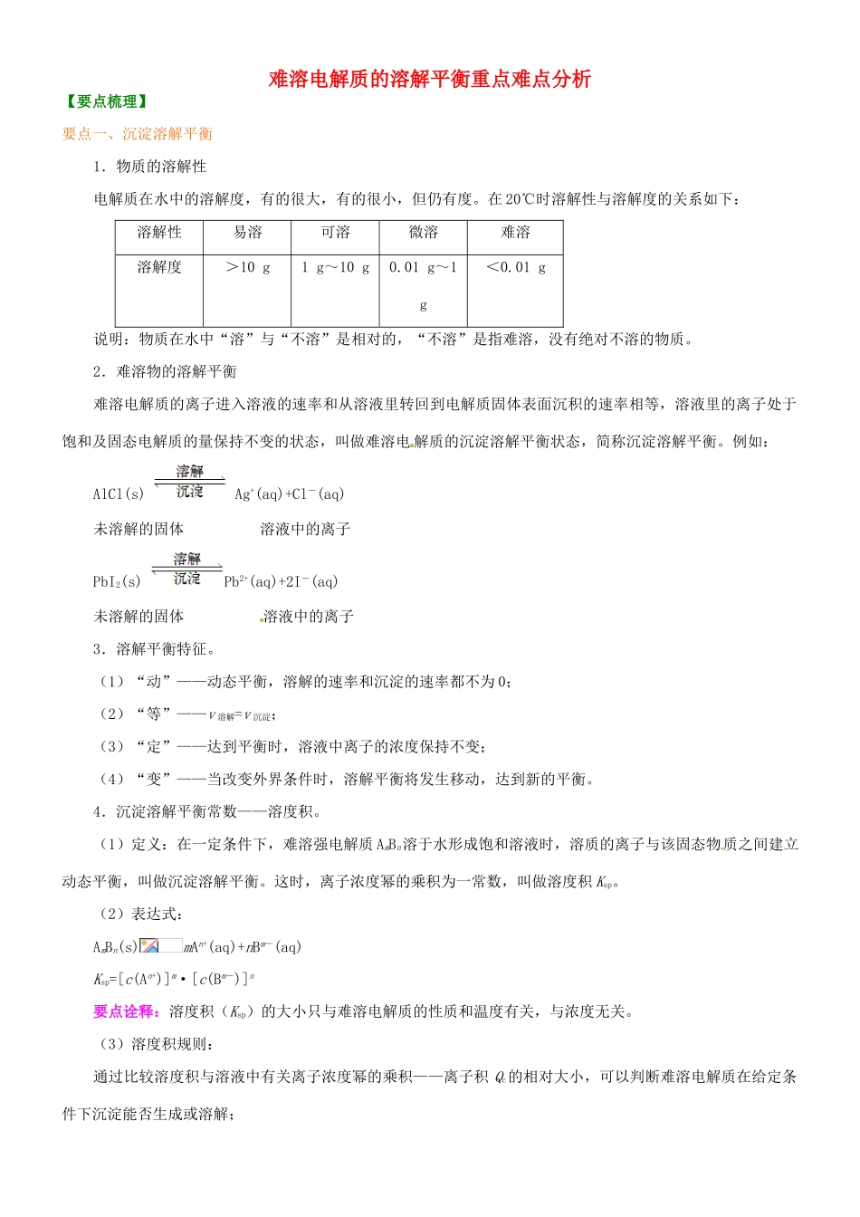 高中化学《难溶电解质的溶解平衡》重点难点解析 新人教版选修3_第1页