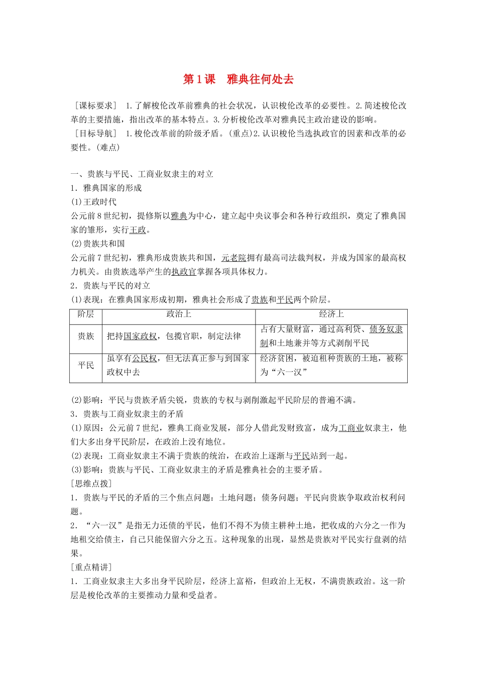 高中历史 专题一 梭伦改革 第1课 雅典往何处去学案 人民版选修1-人民版高二选修1历史学案_第1页