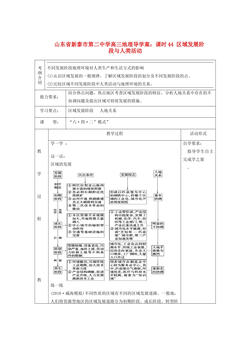 山东省新泰市第二中学高三地理 课时44 区域发展阶段与人类活动导学案_第1页