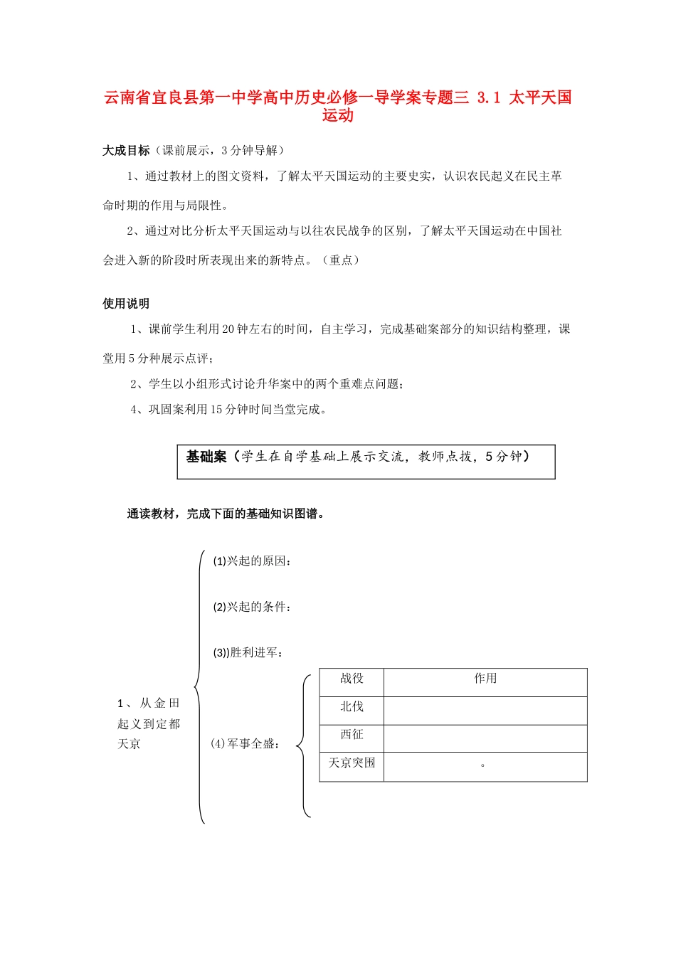 云南省宜良县第一中学高中历史 专题三 3.1 太平天国运动导学案（无答案） 人民版必修1_第1页