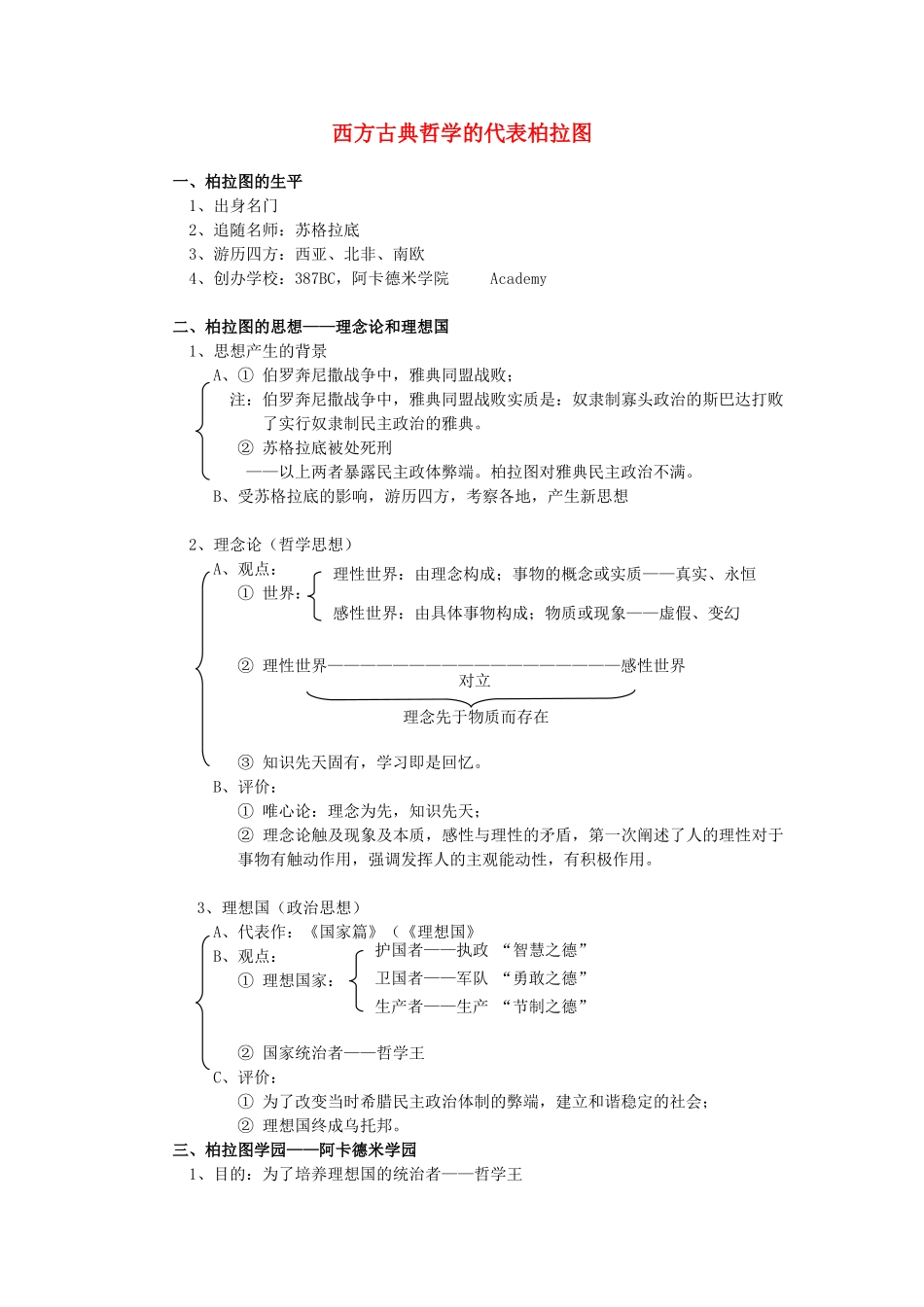 高中历史 2.2 西方古典哲学的代表柏拉图4学案 新人教版选修4-新人教版高二选修4历史学案_第1页