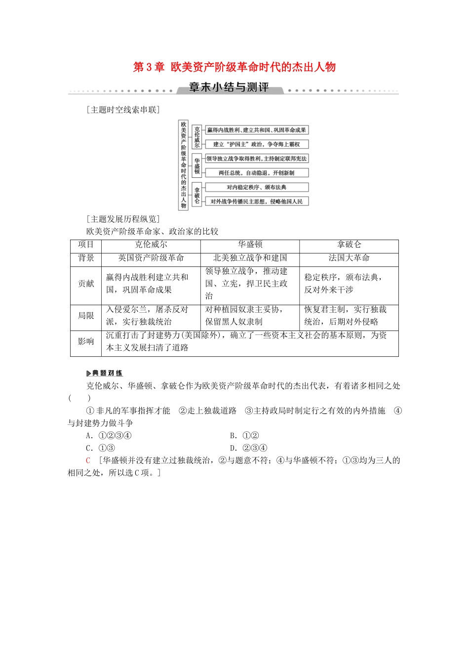 高中历史 第3章 欧美资产阶级革命时代的杰出人物章末小结与测评学案 北师大版选修4-北师大版高二选修4历史学案_第1页