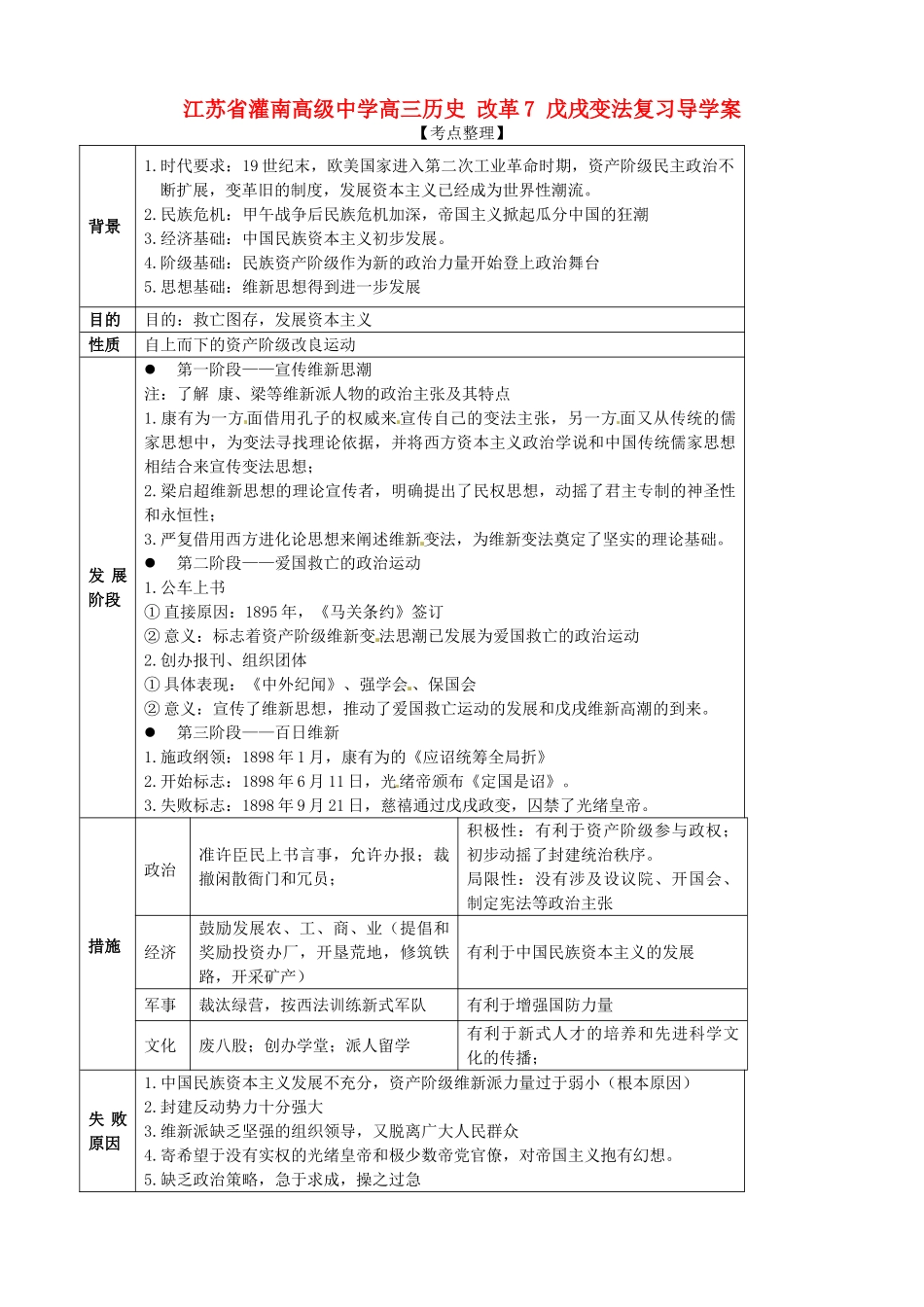 江苏省灌南高级中学高三历史 改革7 戊戌变法复习导学案_第1页