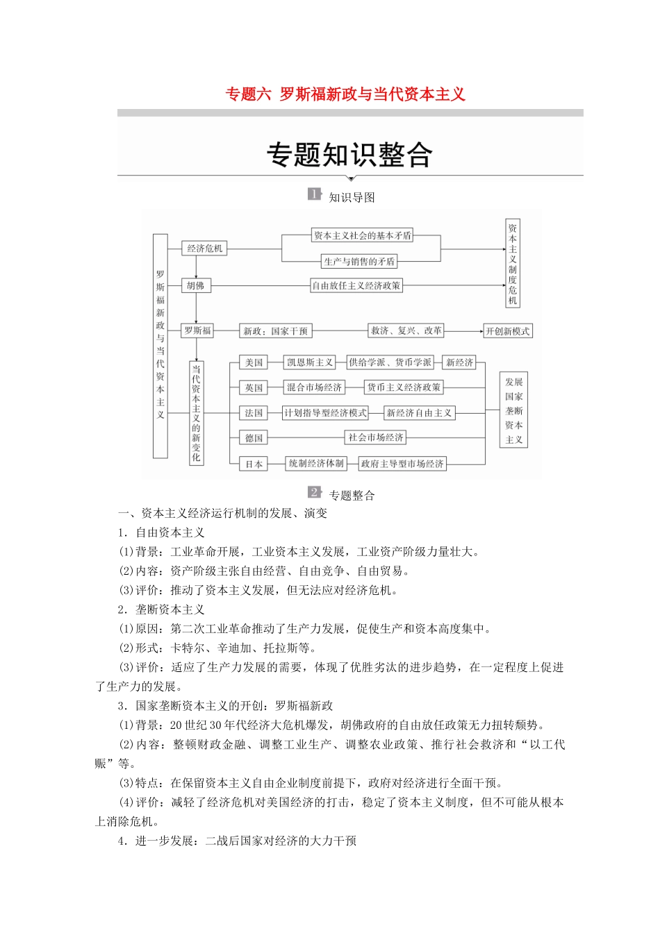 高中历史 专题六 罗斯福新政与当代资本主义专题知识整合导学案 人民版必修2-人民版高一必修2历史学案_第1页