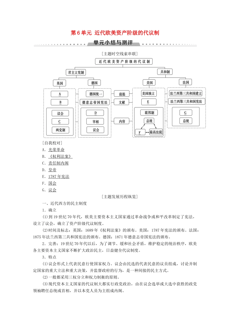 高中历史 第6单元 近代欧美资产阶级的代议制单元小结与测评学案 北师大版必修1-北师大版高一必修1历史学案_第1页