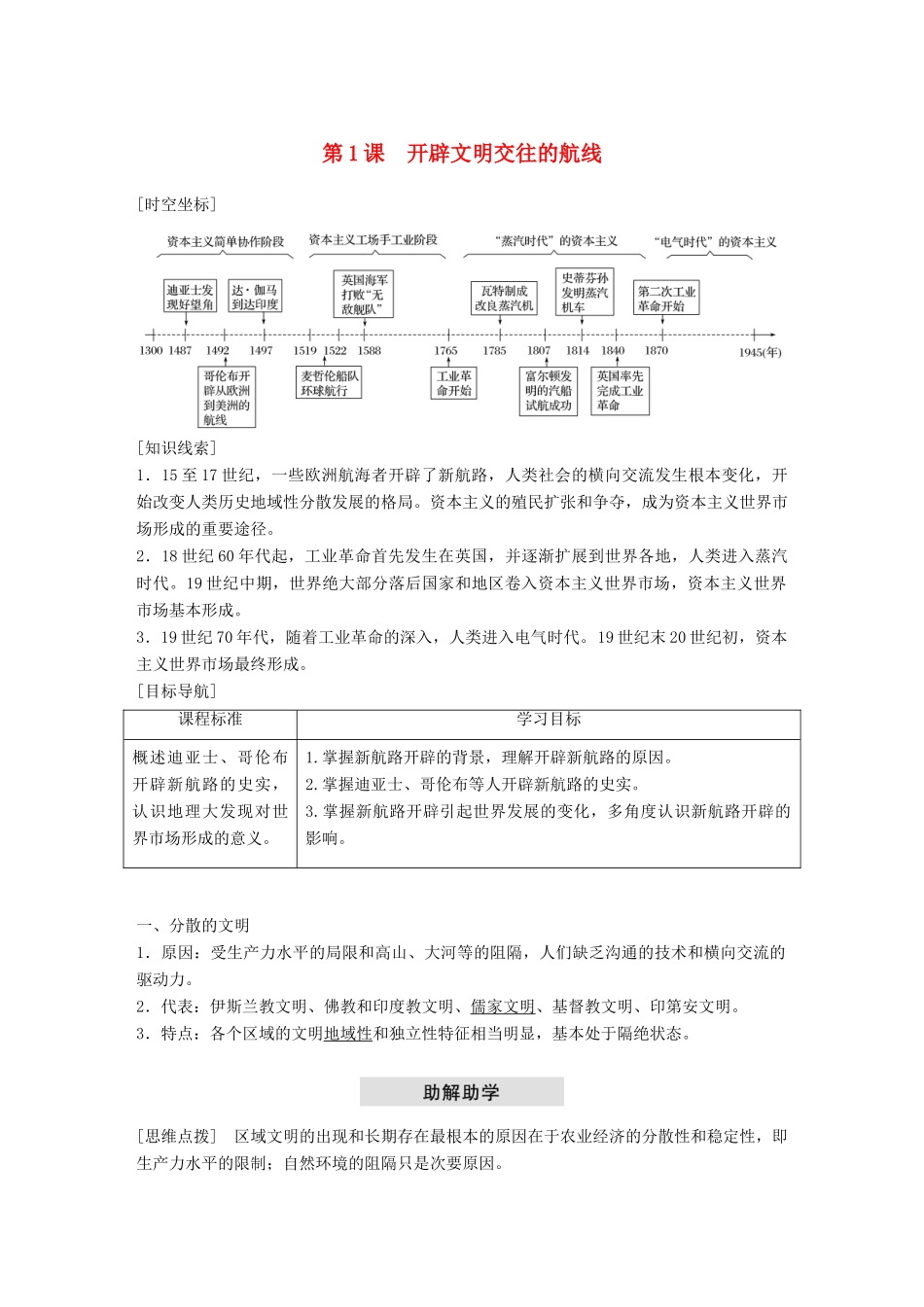 高中历史 专题五 走向世界的资本主义市场 第1课 开辟文明交往的航线学案 人民版必修2-人民版高一必修2历史学案_第1页