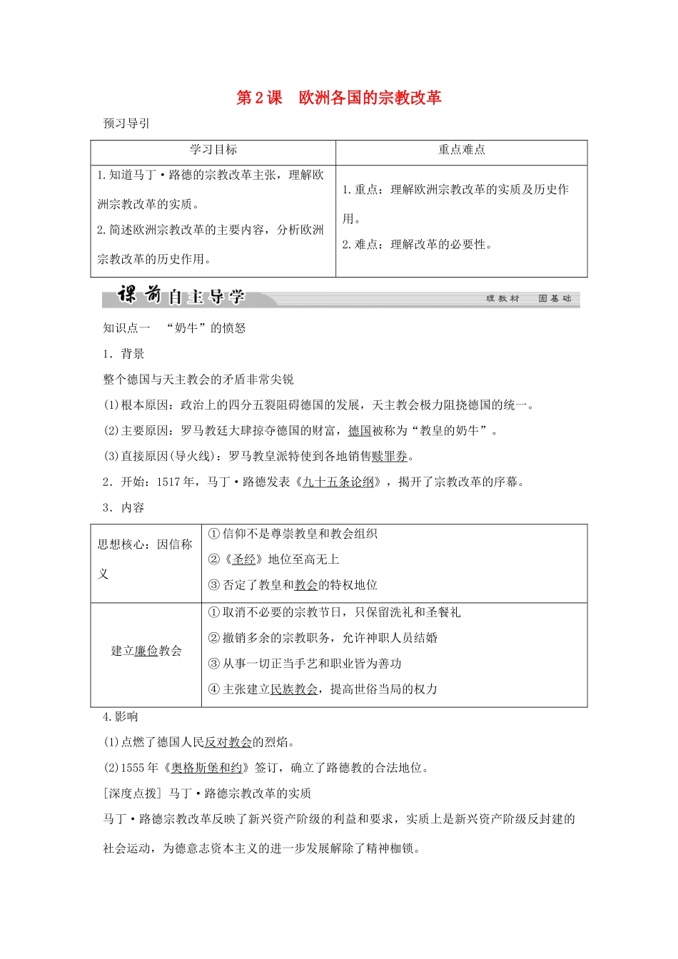 高中历史 专题五 欧洲宗教改革 5-2 欧洲各国的宗教改革学案 人民版选修1-人民版高二选修1历史学案_第1页