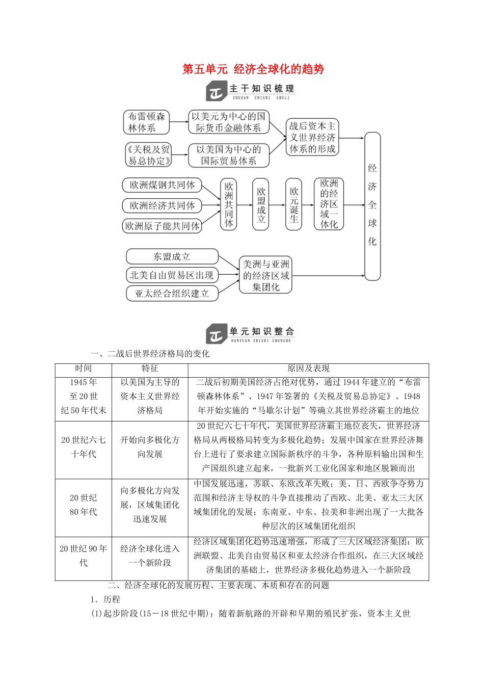 高中历史 第五单元 经济全球化的趋势单元小结与测评学案（含解析）岳麓版必修2-岳麓版高一必修2历史学案_第1页