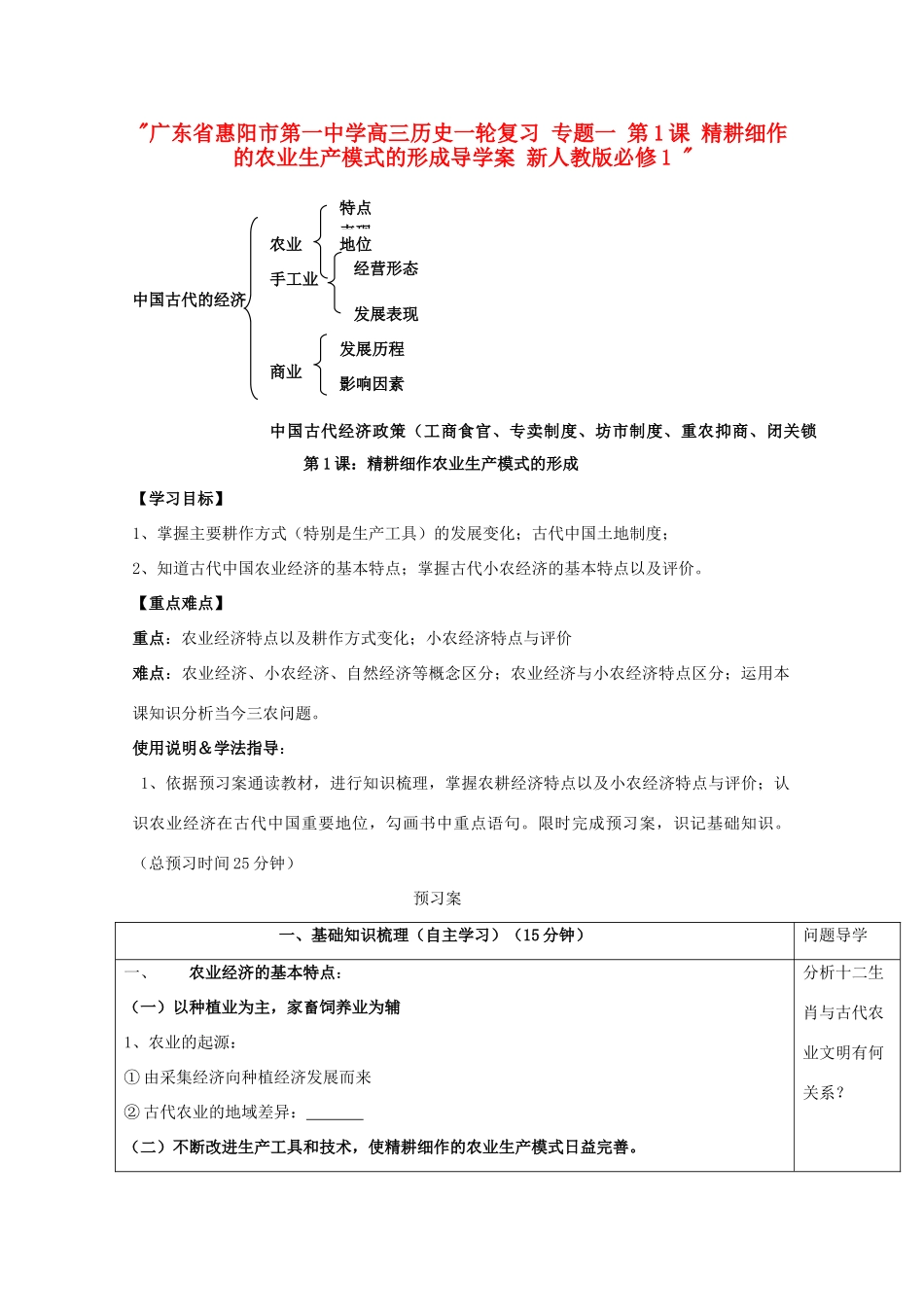 广东省惠阳市第一中学高考历史一轮复习 专题一 第1课 精耕细作的农业生产模式的形成导学案 新人教版必修1 _第1页