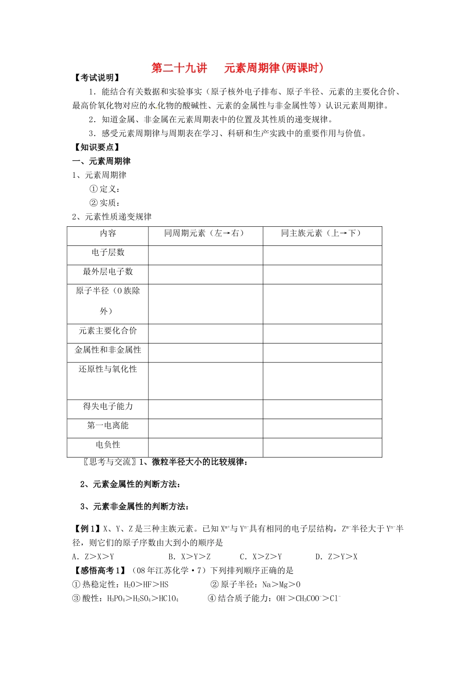 江苏省淮安中学高三化学一轮复习 第二十九讲 元素周期律学案+课时作业_第1页