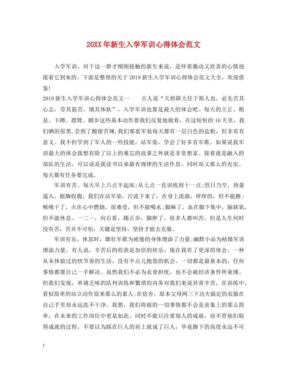 20XX年新生入学军训心得体会范文 _第1页