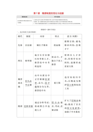 高中历史 第二单元 三国两晋南北朝的民族交融与隋唐统一多民族封建国家的发展 第7课 隋唐制度的变化与创新学案 新人教版必修《中外历史纲要（上）》-新人教版高一必修历史学案