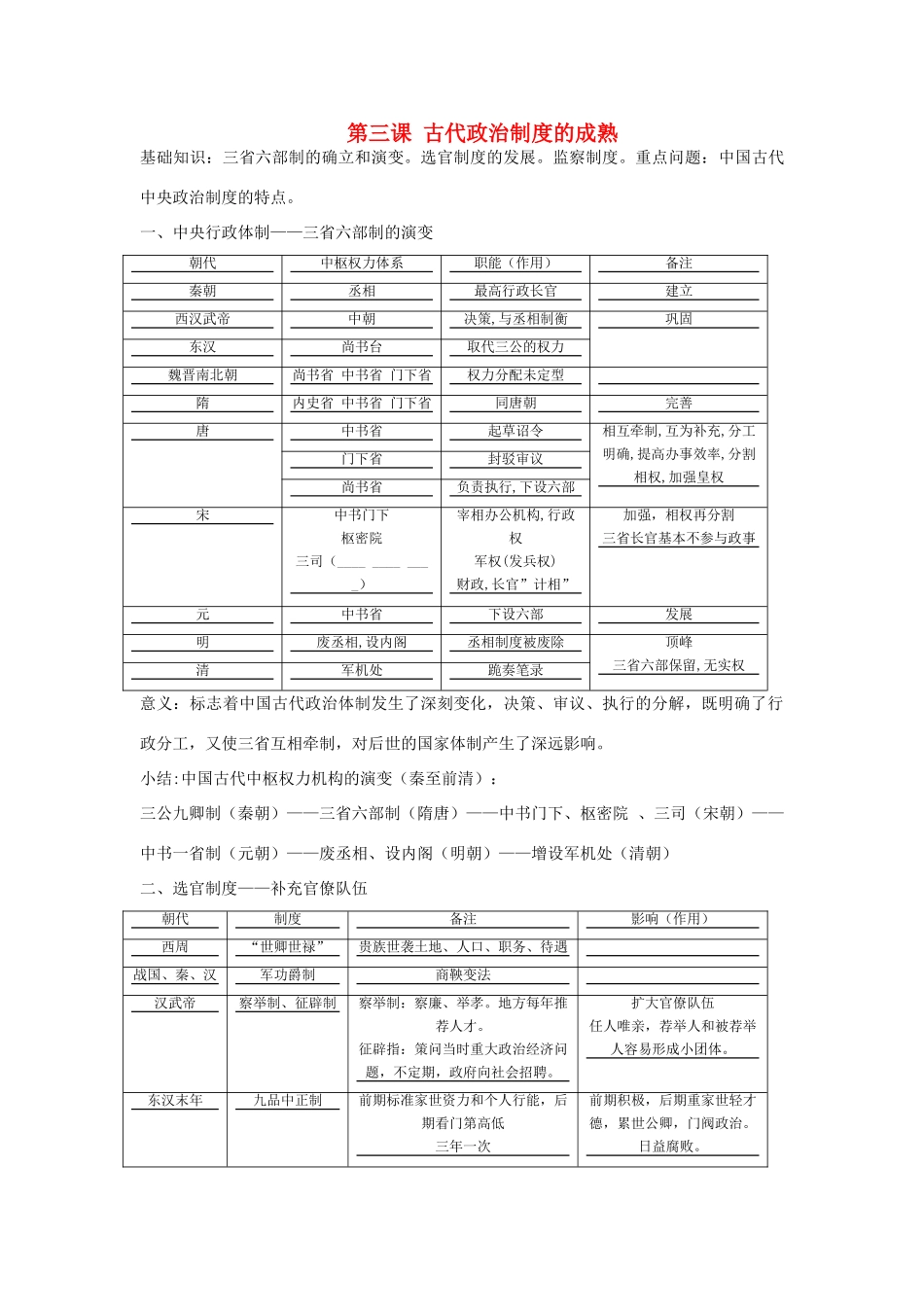 高中历史 《古代政治制度的成熟》学案4 岳麓版必修1_第1页
