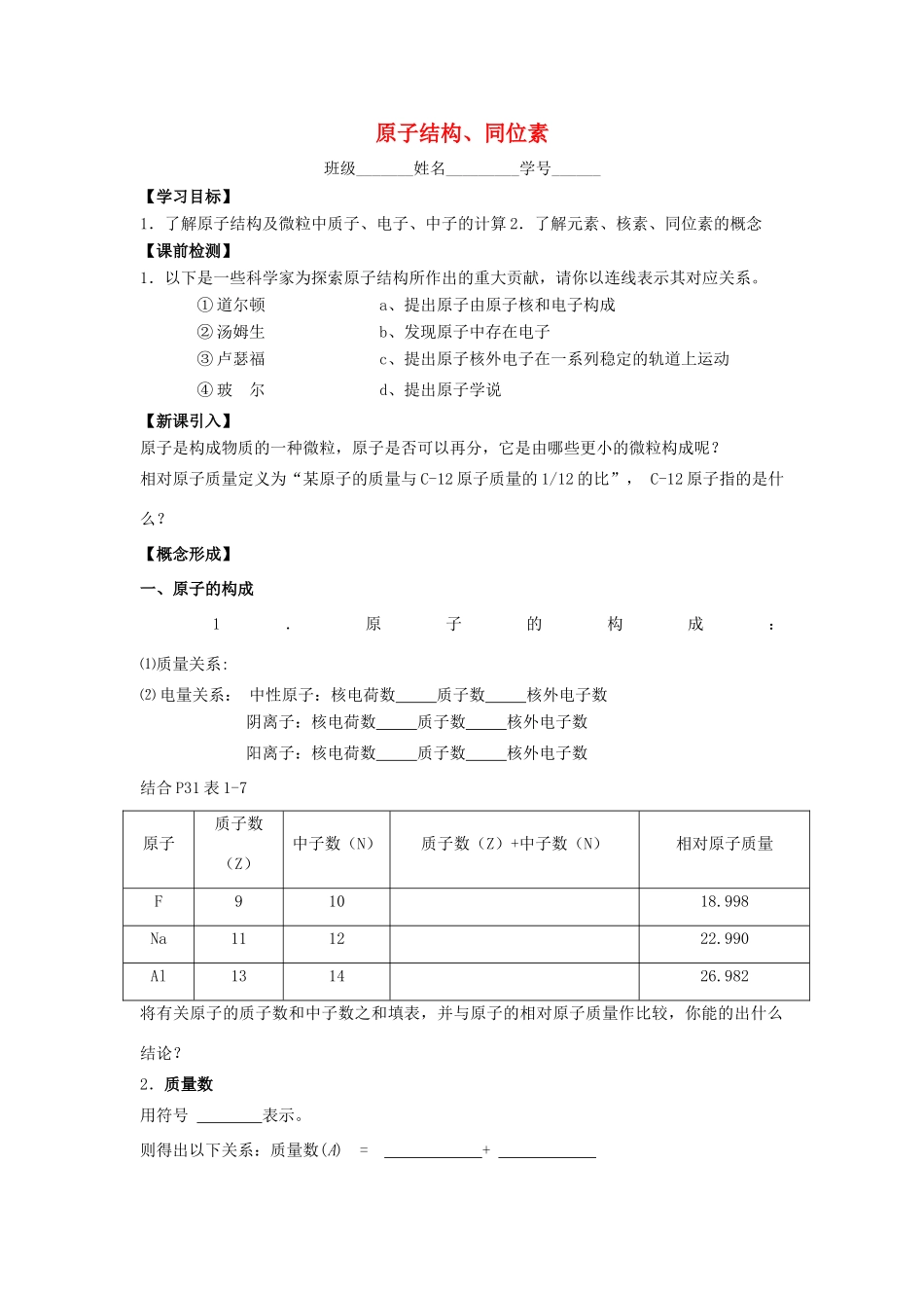 江苏省苏州中学园区高一化学《原子结构、同位素》学案 苏教版_第1页
