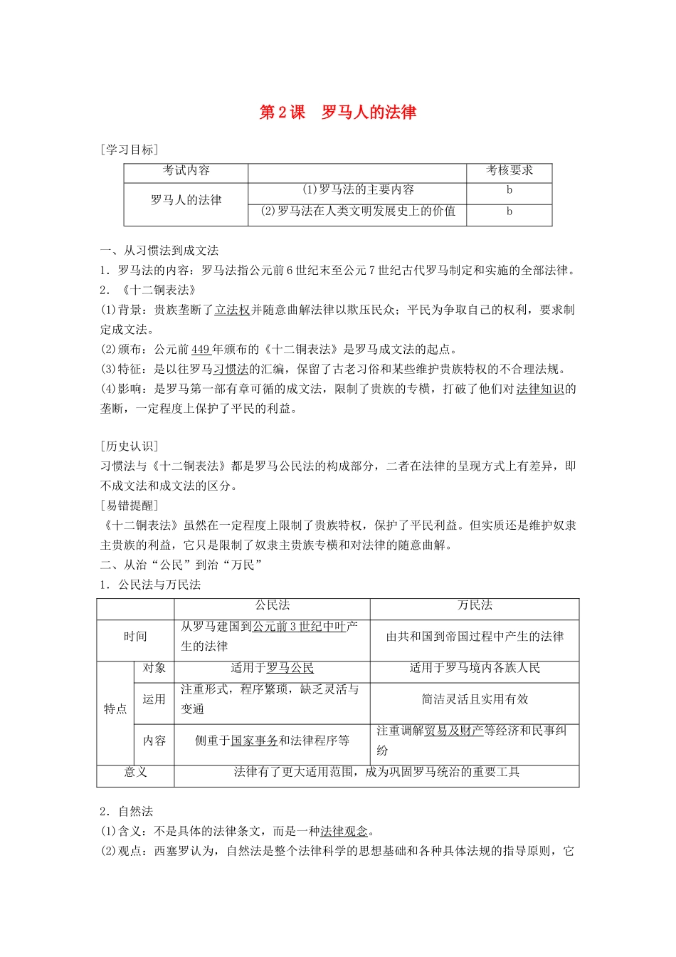 高中历史 专题六 古代希腊、罗马的政治文明 第2课 罗马人的法律学案 人民版必修1-人民版高一必修1历史学案_第1页