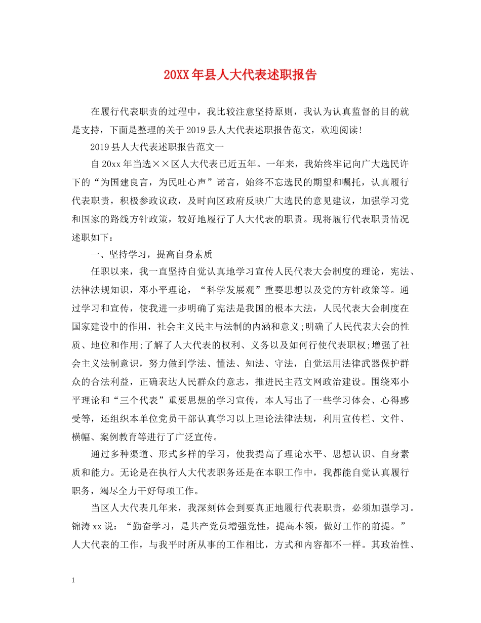 20XX年县人大代表述职报告 _第1页