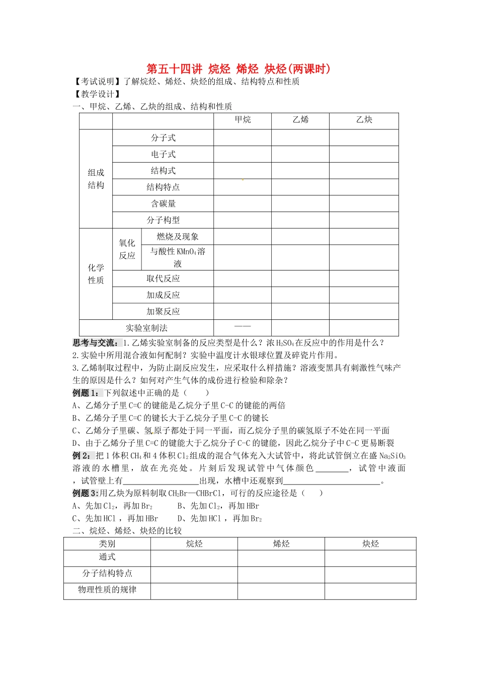 江苏省淮安中学高三化学一轮复习 第五十四讲 烷烃 烯烃 炔烃学案+课时作业_第1页