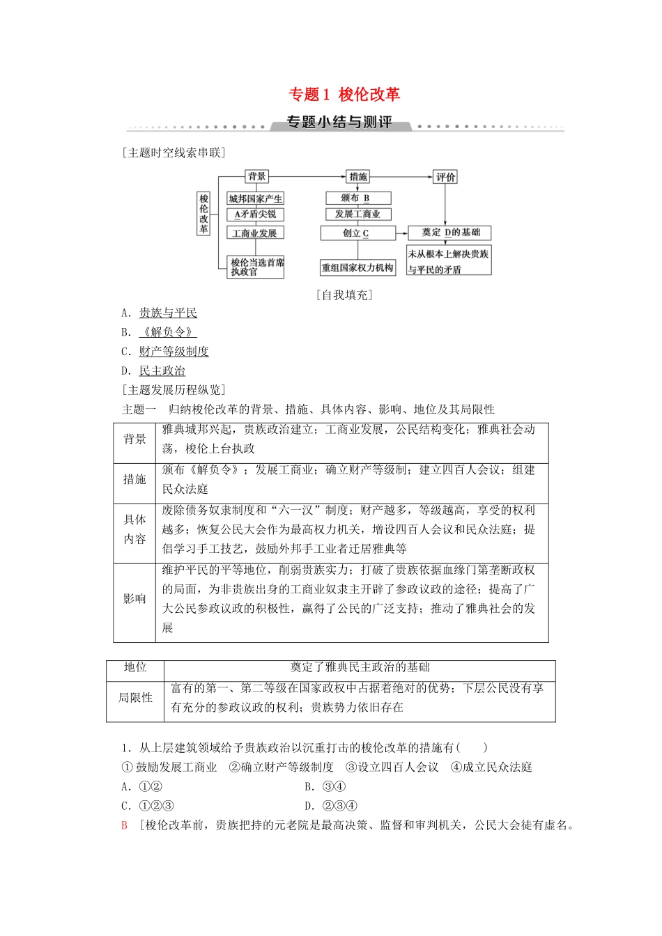 高中历史 专题1 梭伦改革专题小结与测评学案 人民版选修1-人民版高二选修1历史学案_第1页