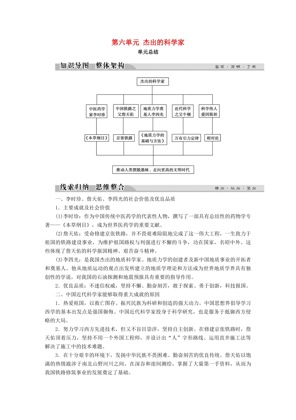 高中历史 第六单元 杰出的科学家单元总结学案 新人教版选修4-新人教版高二选修4历史学案_第1页