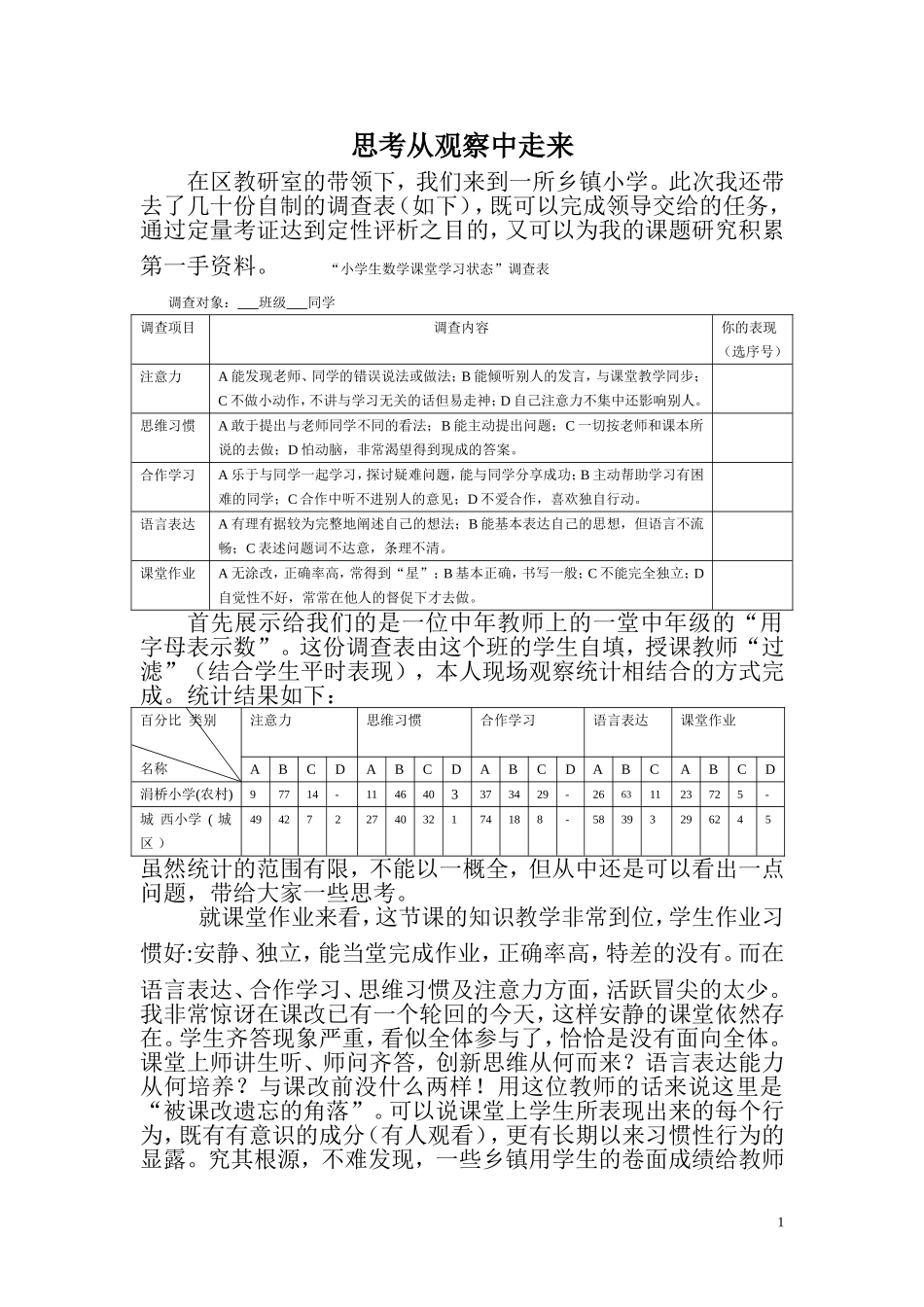 思考从观察中走来（调查表）_第1页