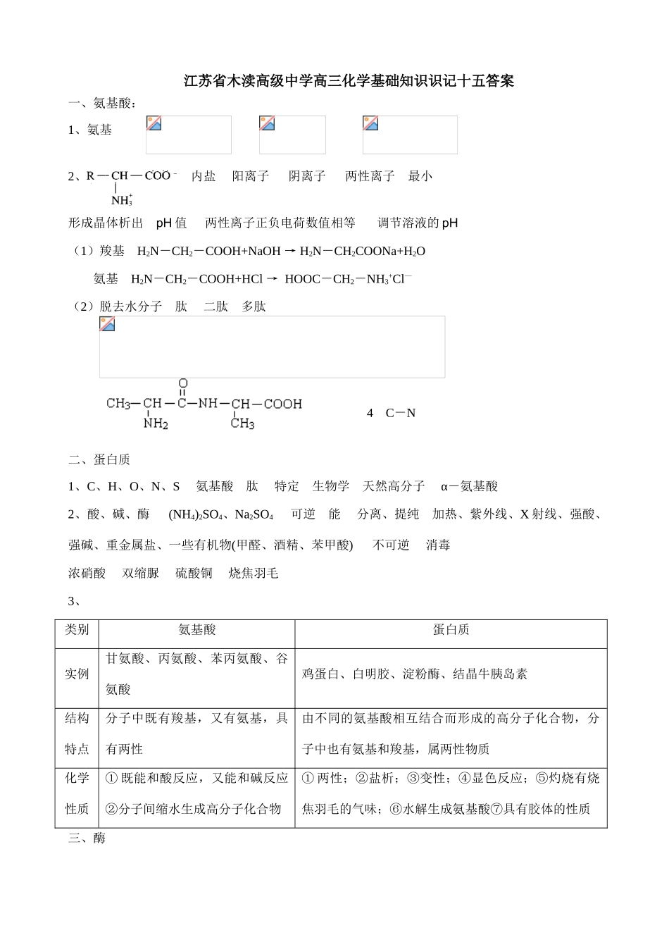 江苏省木渎高级中学高三化学基础知识识记十五答案_第1页