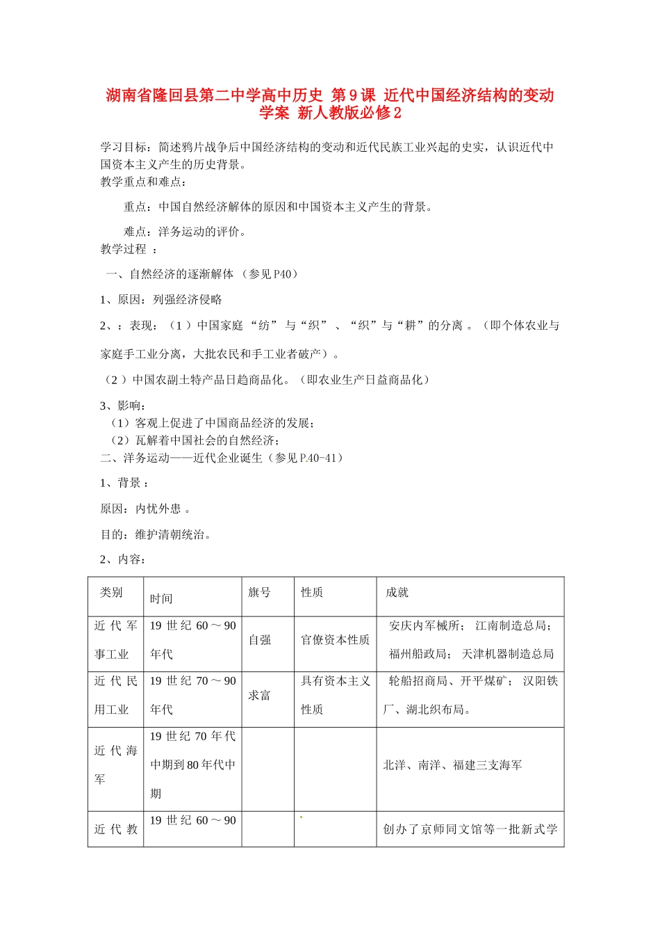 湖南省隆回县第二中学高中历史 第9课 近代中国经济结构的变动学案 新人教版必修2_第1页