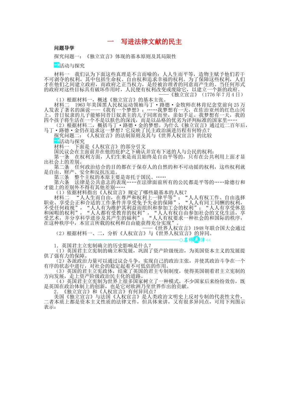 高中历史 专题二 走向民主的历史步伐 一 写进法律文献的民主学案2 人民版选修2-人民版高二选修2历史学案_第1页