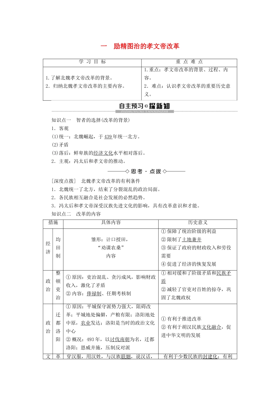 高中历史 专题3 北魏孝文帝改革 1 励精图治的孝文帝改革学案 人民版选修1-人民版高二选修1历史学案_第1页