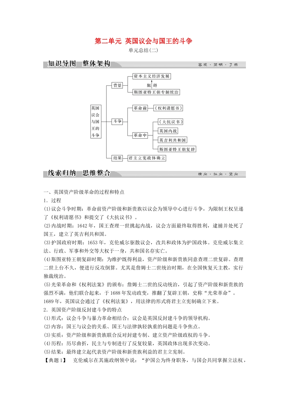 高中历史 第二单元 英国议会与国王的斗争单元总结学案 新人教版选修2-新人教版高二选修2历史学案_第1页