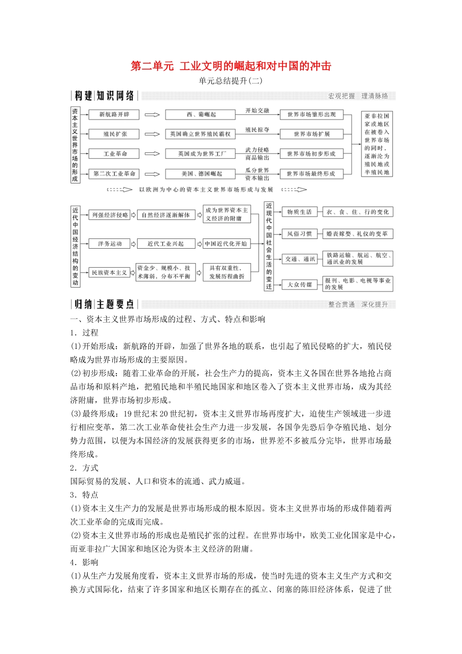 高中历史 第二单元 工业文明的崛起和对中国的冲击单元总结提升学案 岳麓版必修2-岳麓版高一必修2历史学案_第1页