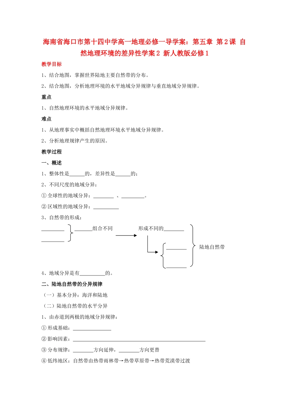 海南省海口市第十四中学高中地理 第五章 第2课 自然地理环境的差异性学案2 新人教版必修1_第1页