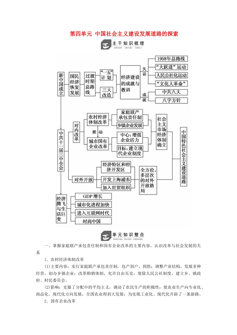 高中历史 第四单元 中国社会主义建设发展道路的探索单元小结与测评学案（含解析）岳麓版必修2-岳麓版高一必修2历史学案_第1页