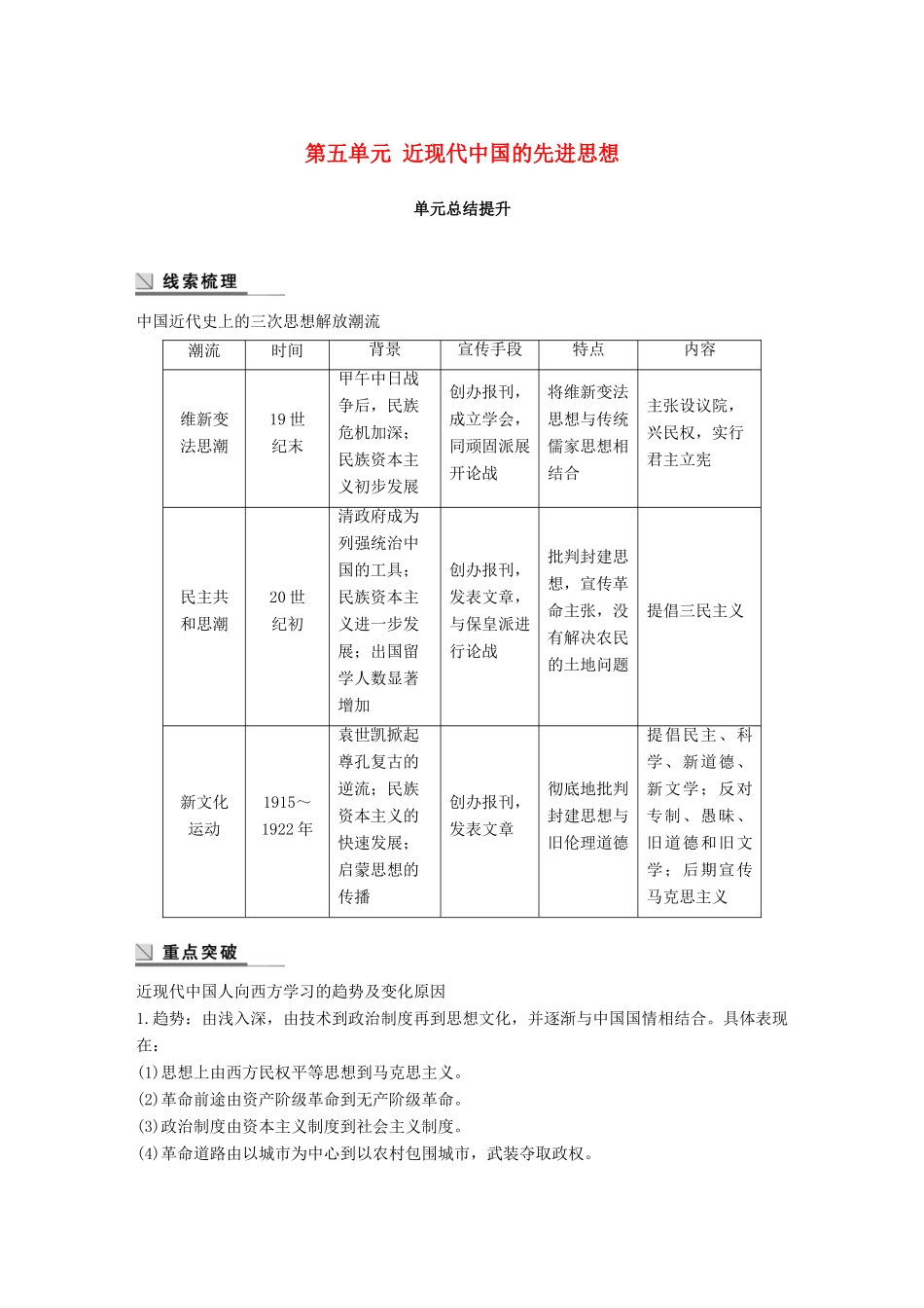 高中历史 第五单元 近现代中国的先进思想总结提升学案 岳麓版必修3-岳麓版高一必修3历史学案_第1页