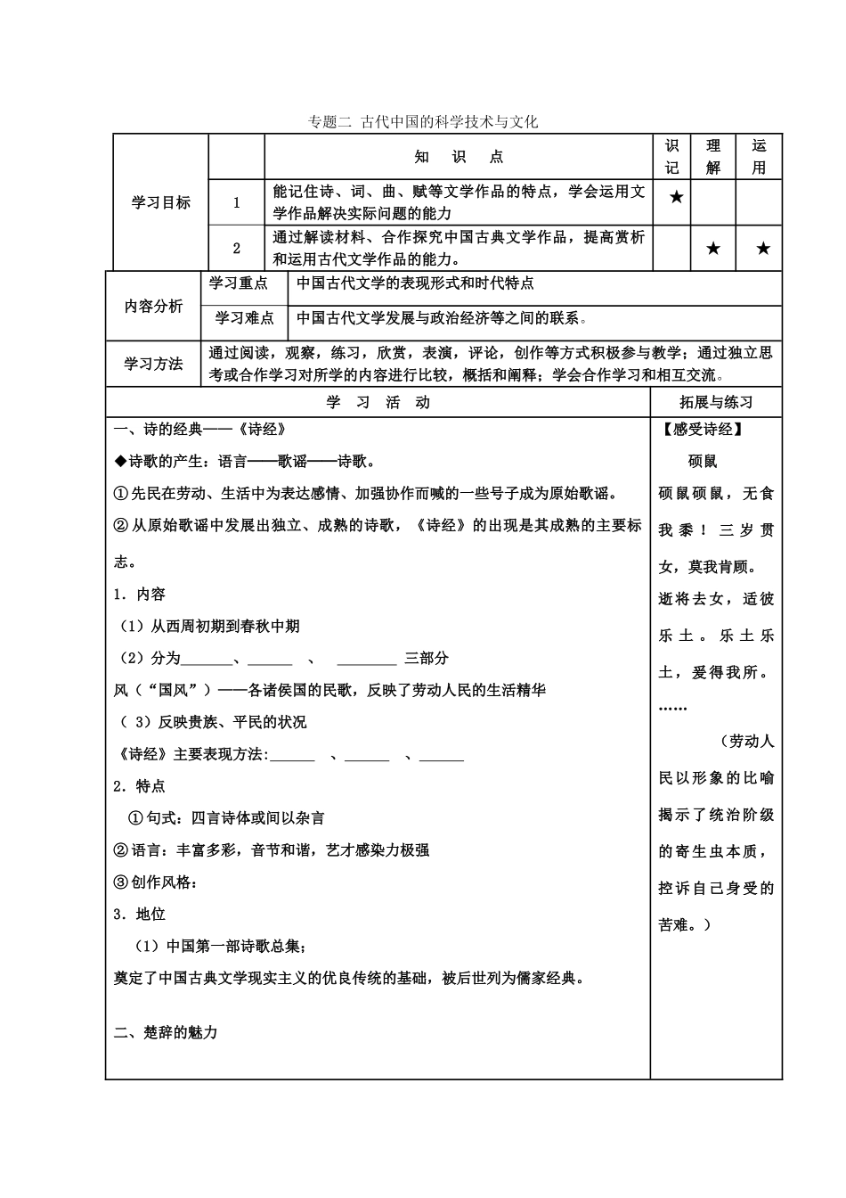 河北省高碑店市第三中学高二历史 专题二第三节 中国的古典文学的时代特色（第一课时）复习学案_第1页