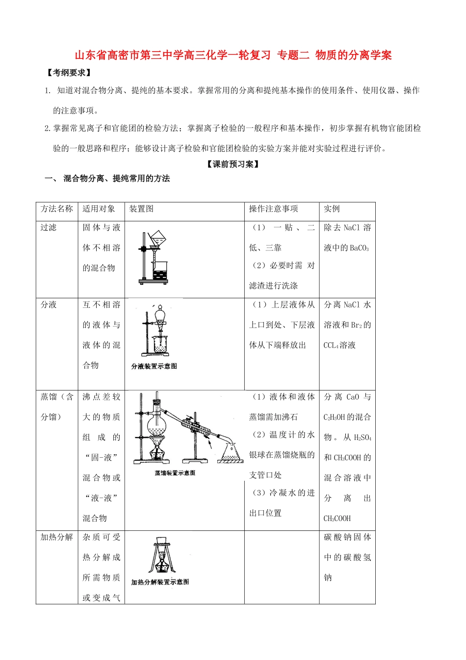 山东省高密市第三中学高三化学一轮复习 专题二 物质的分离导学案_第1页