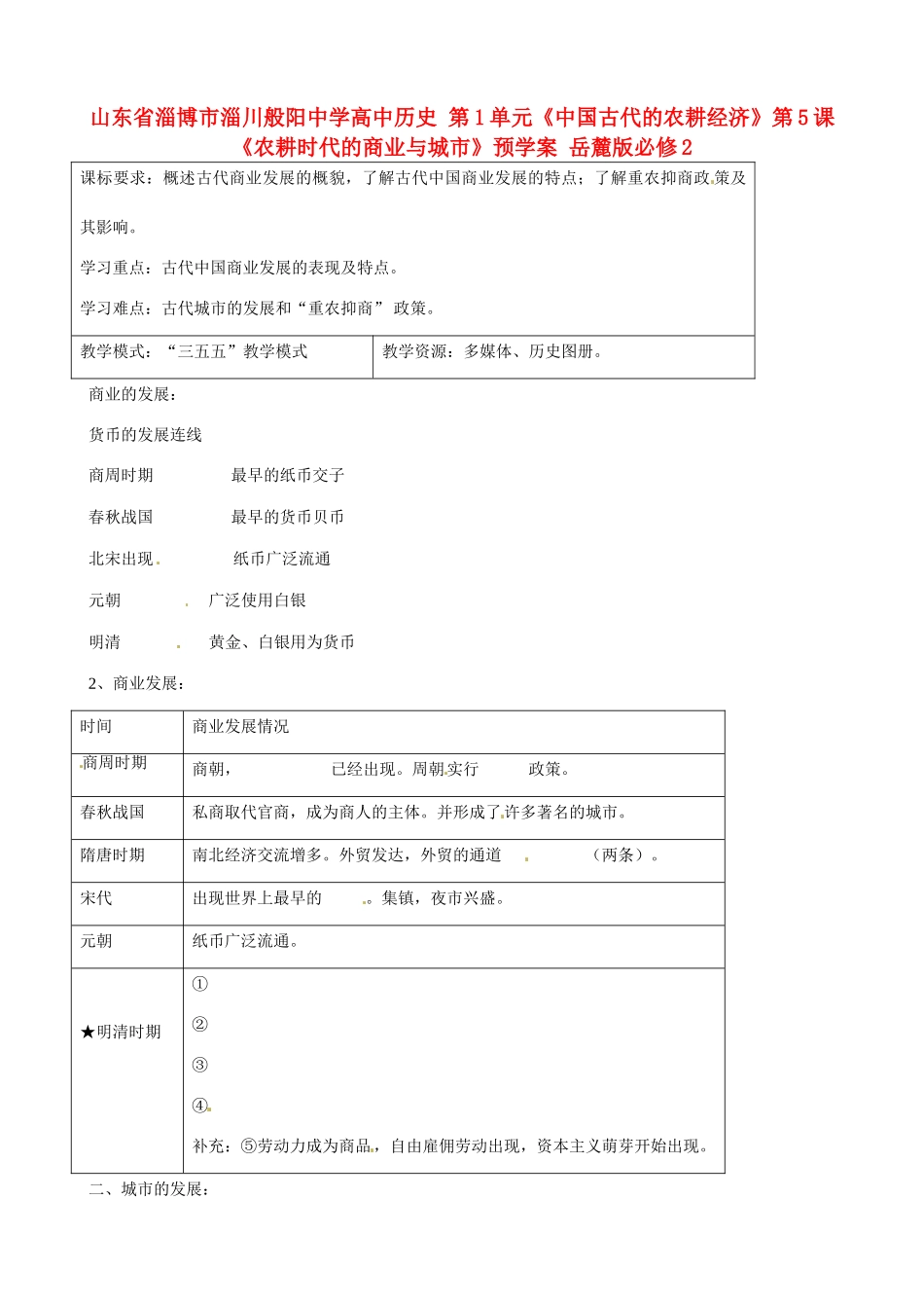 山东省淄博市淄川般阳中学高中历史 第1单元《中国古代的农耕经济》第5课《农耕时代的商业与城市》预学案 岳麓版必修2 _第1页