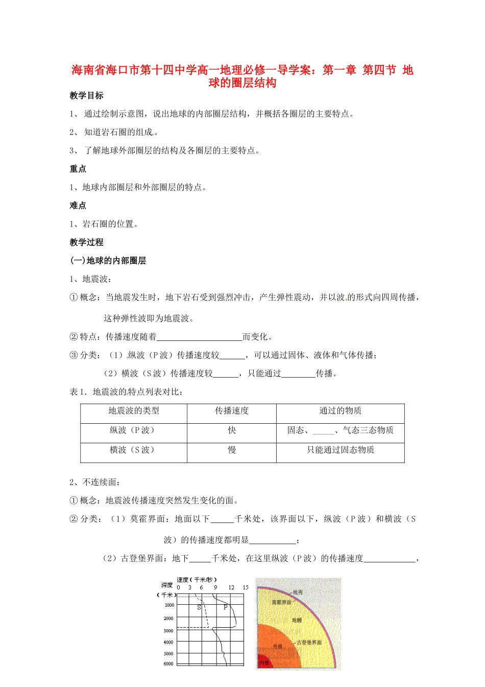 海南省海口市第十四中学高中地理 第一章 第四节 地球的圈层结构学案 新人教版必修1_第1页