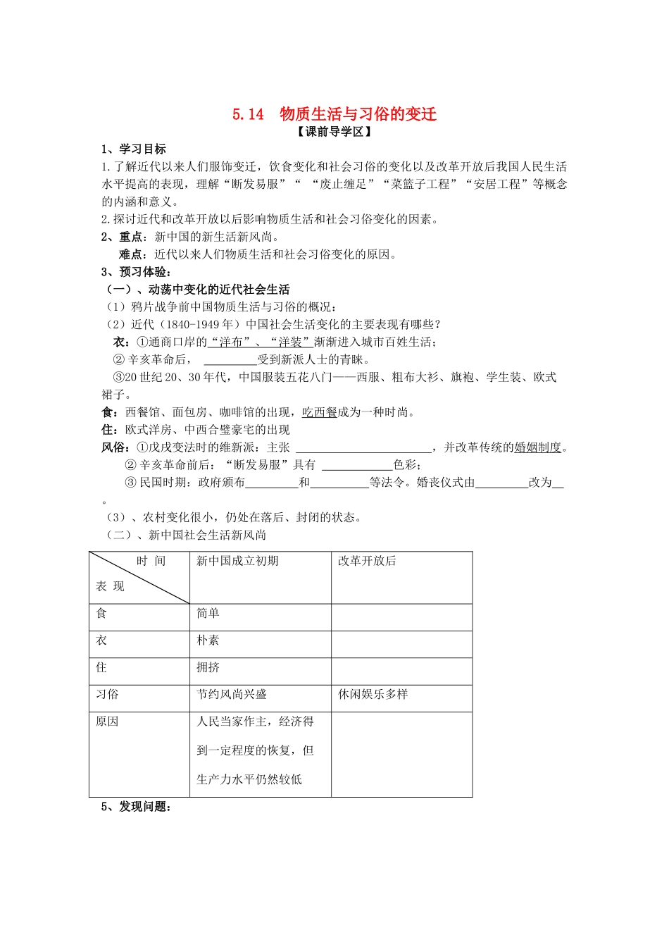 山东省威海二中高中历史 5.14  物质生活与习俗的变迁学案 新人教版必修2 _第1页