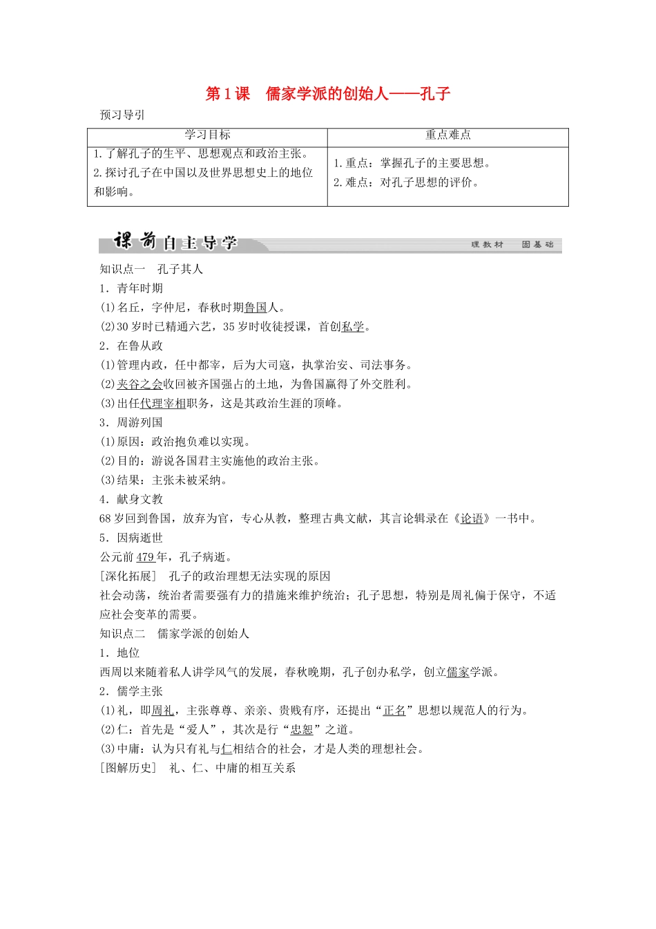 高中历史 专题二 东西方的先哲 2-1 儒家学派的创始人——孔子学案 人民版选修4-人民版高二选修4历史学案_第1页