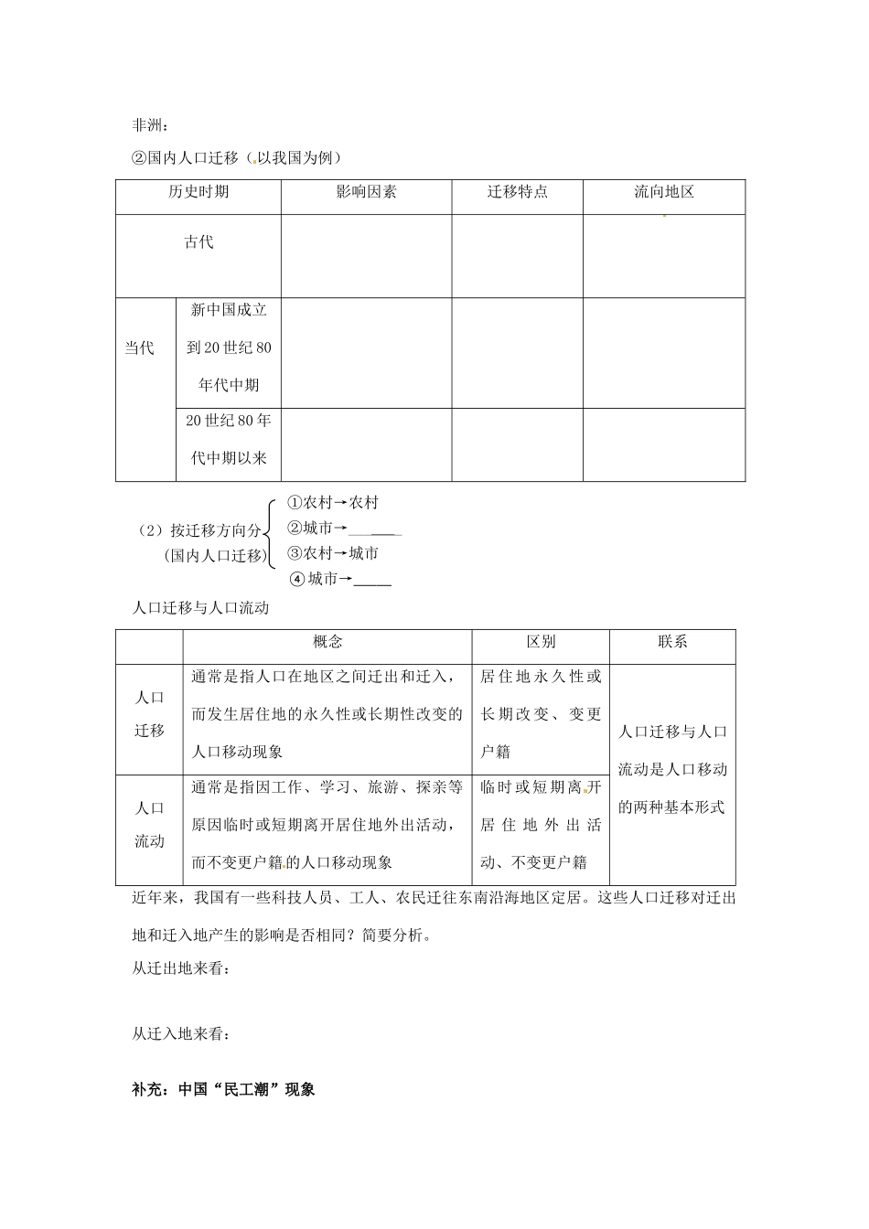 四川省宣汉县第二中学高一地理下学期 1.2 人口的空间变化 导学案_第2页