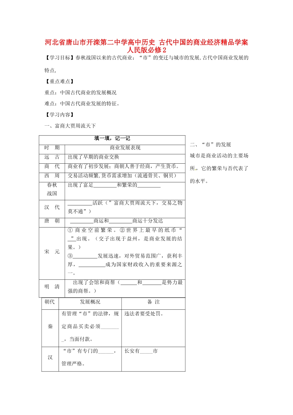 河北省唐山市开滦第二中学高中历史 古代中国的商业经济精品学案 人民版必修2_第1页