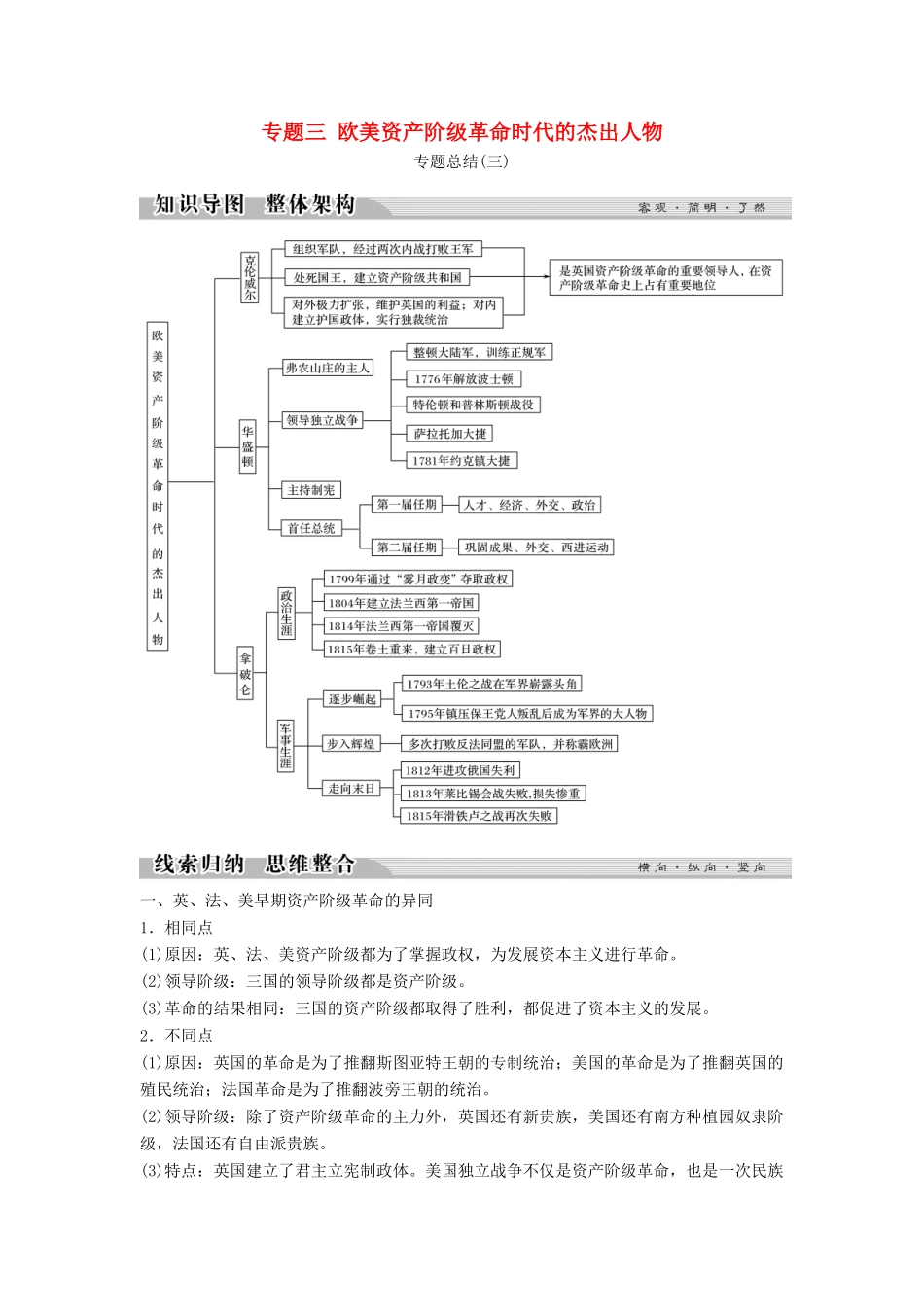 高中历史 专题三 欧美资产阶级革命时代的杰出人物专题总结学案 人民版选修4-人民版高二选修4历史学案_第1页