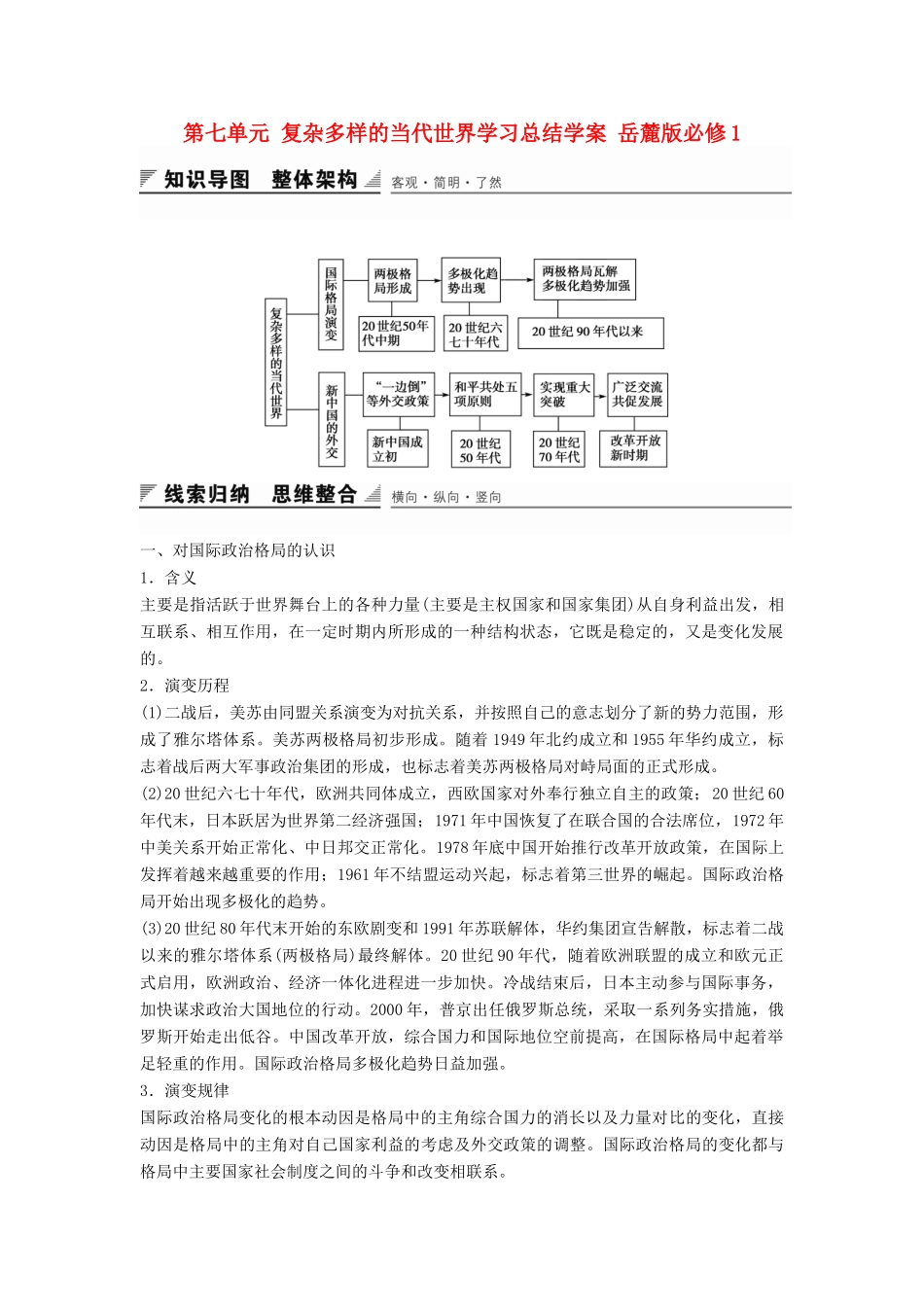 高中历史 第七单元 复杂多样的当代世界学习总结学案 岳麓版必修1-岳麓版高一必修1历史学案_第1页