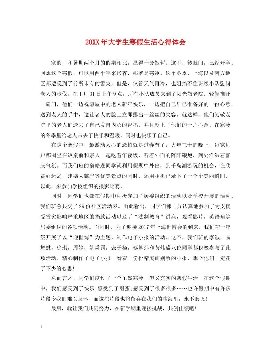 20XX年大学生寒假生活心得体会 (000001)_第1页