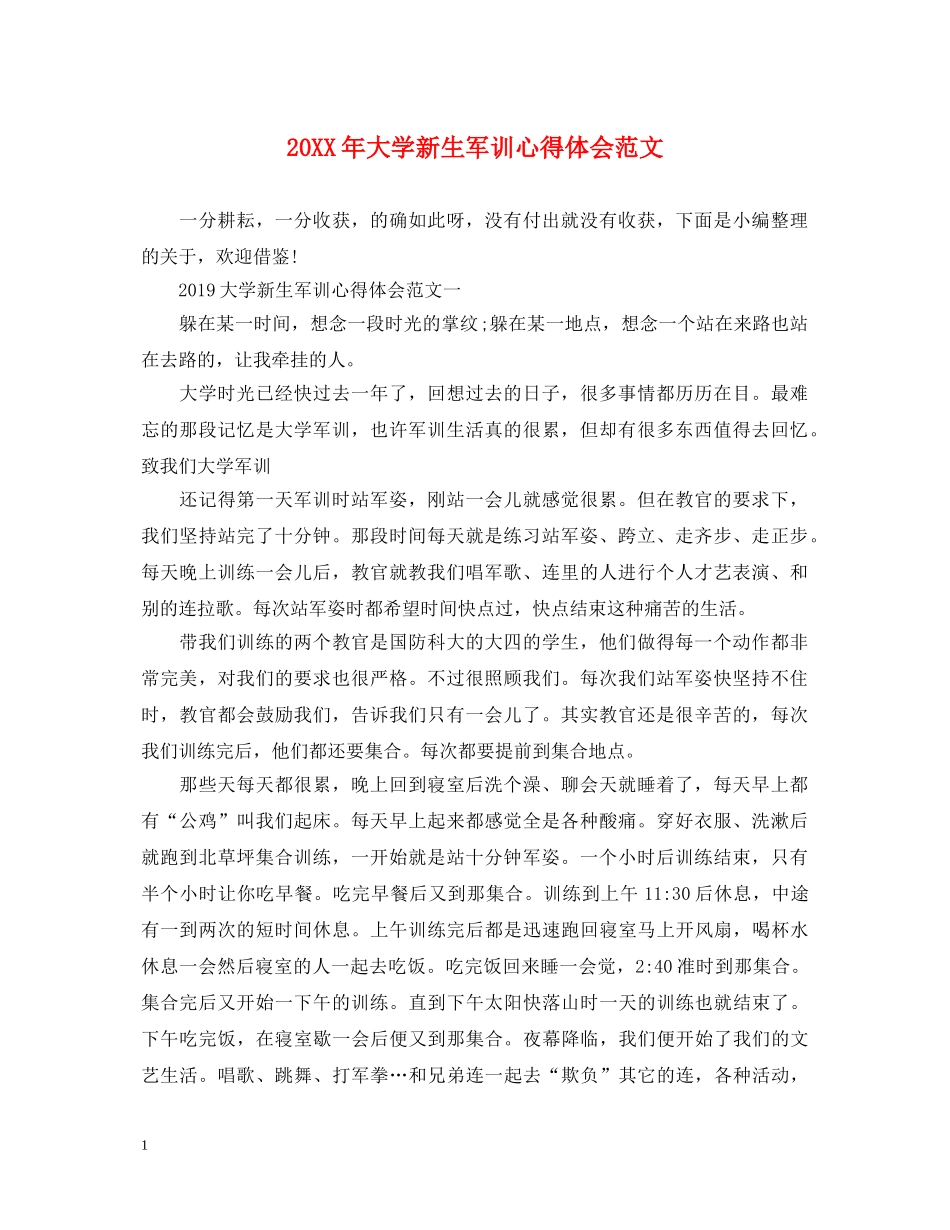 20XX年大学新生军训心得体会范文 _第1页