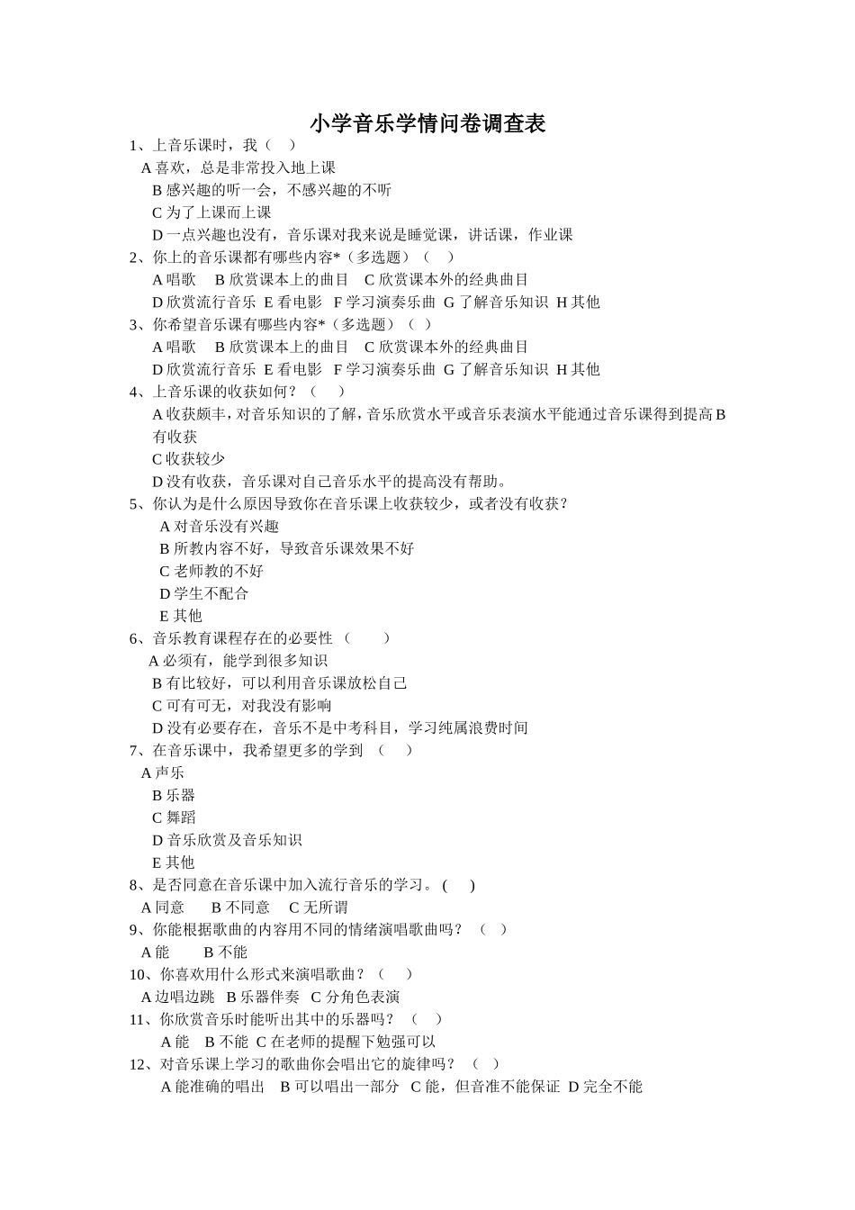 小学音乐学情问卷调查表_第1页