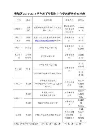 樊城区2014-2015下学期初中化学教研活动安排表